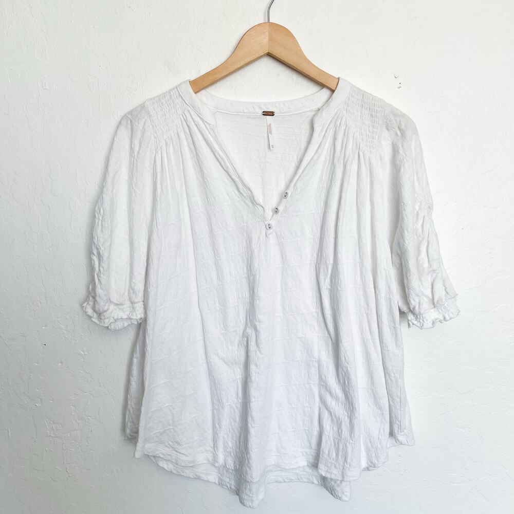 Free People Shirt Top XS Peasant Buttons Prairie Cotton Balloon Sleeve White
